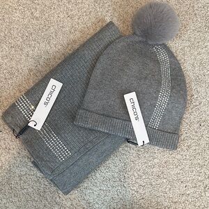 Chico's Silver Knit Beanie and Scarf Set